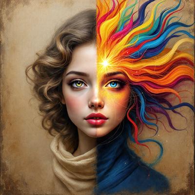 The primary subject of the image is a woman with a blue shirt and a yellow shirt. The setting is a painting, and the visual style is digital art. The dominant colors are blue and yellow, creating a vibrant and lively atmosphere.